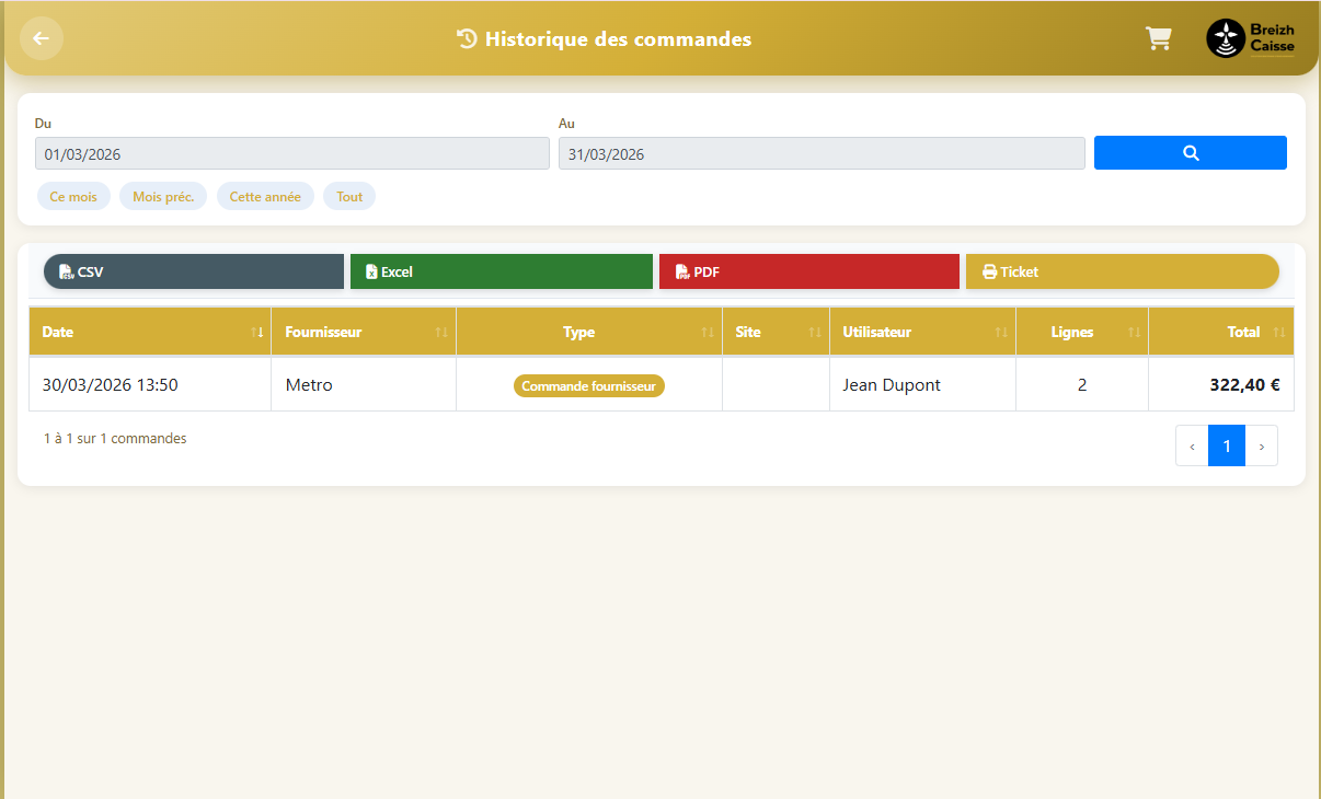 Historique des commandes