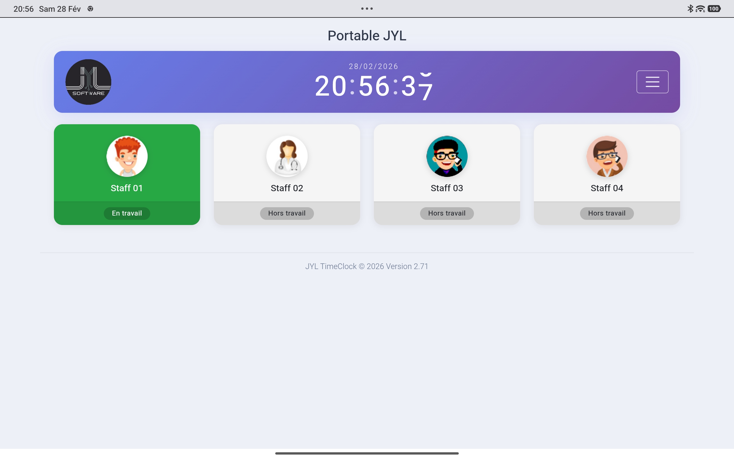 JYL TimeClock Connect — time-tracking interface on mobile