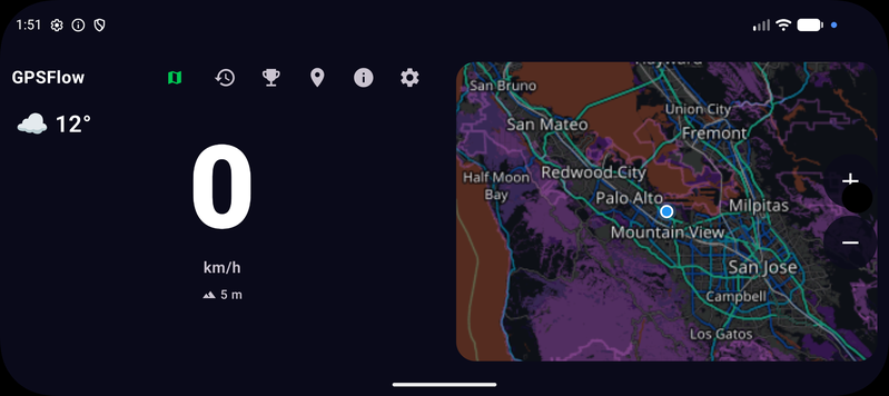 GPSFlow en mode tablette : compteur à gauche, carte à droite